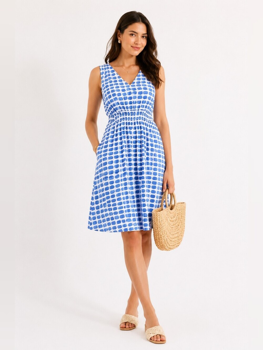 Kate Spade Blue White Island Stamp Tie Back Dress Brush Dot Print feminine Vacat